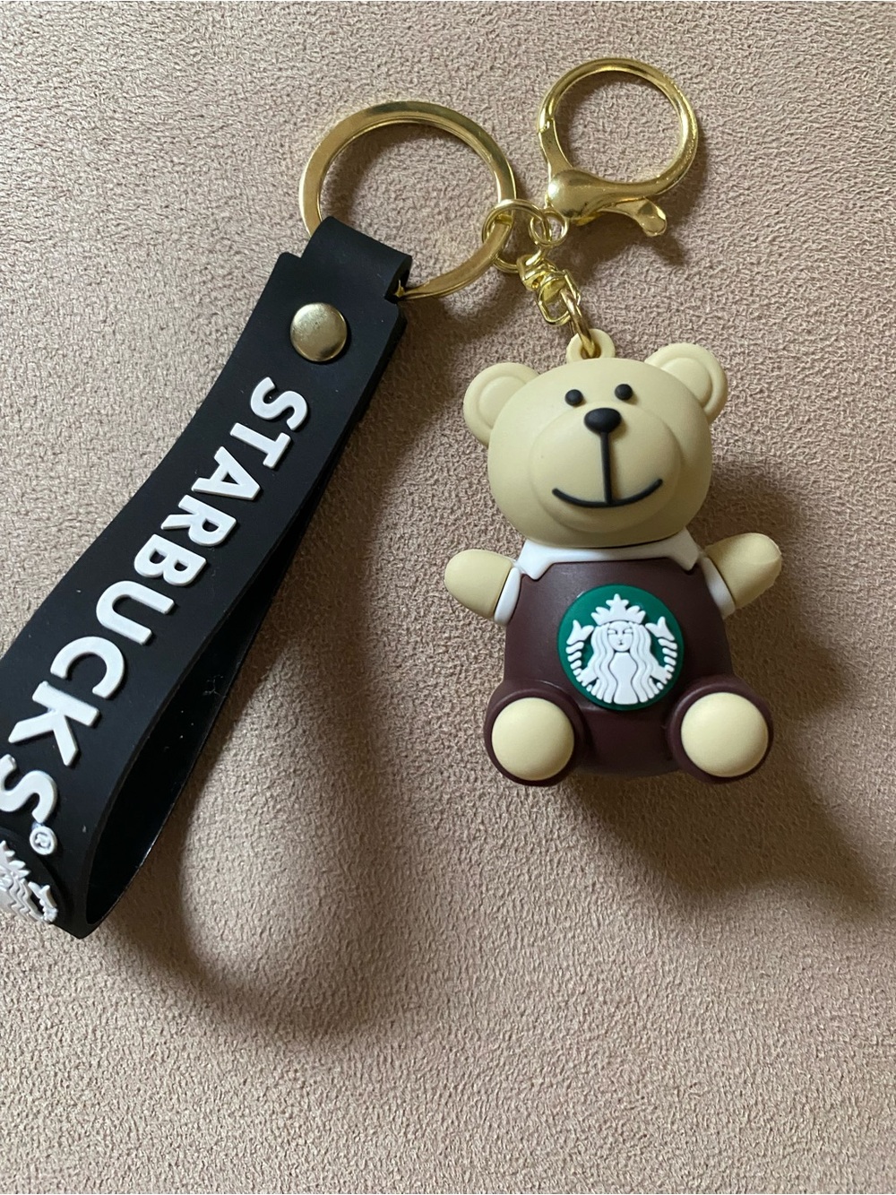 Beige Bear Keychain/Bag Charm with Brown Outfit and Black Strap